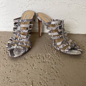BCBG Callie brown snakeskin leather strappy heels